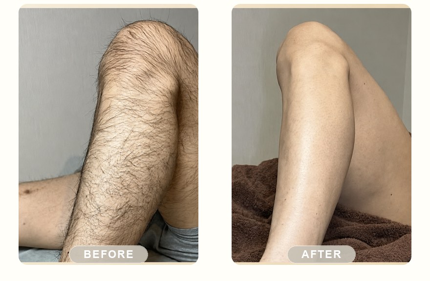 Before and after — men's knee and thigh hair reduced with SHR