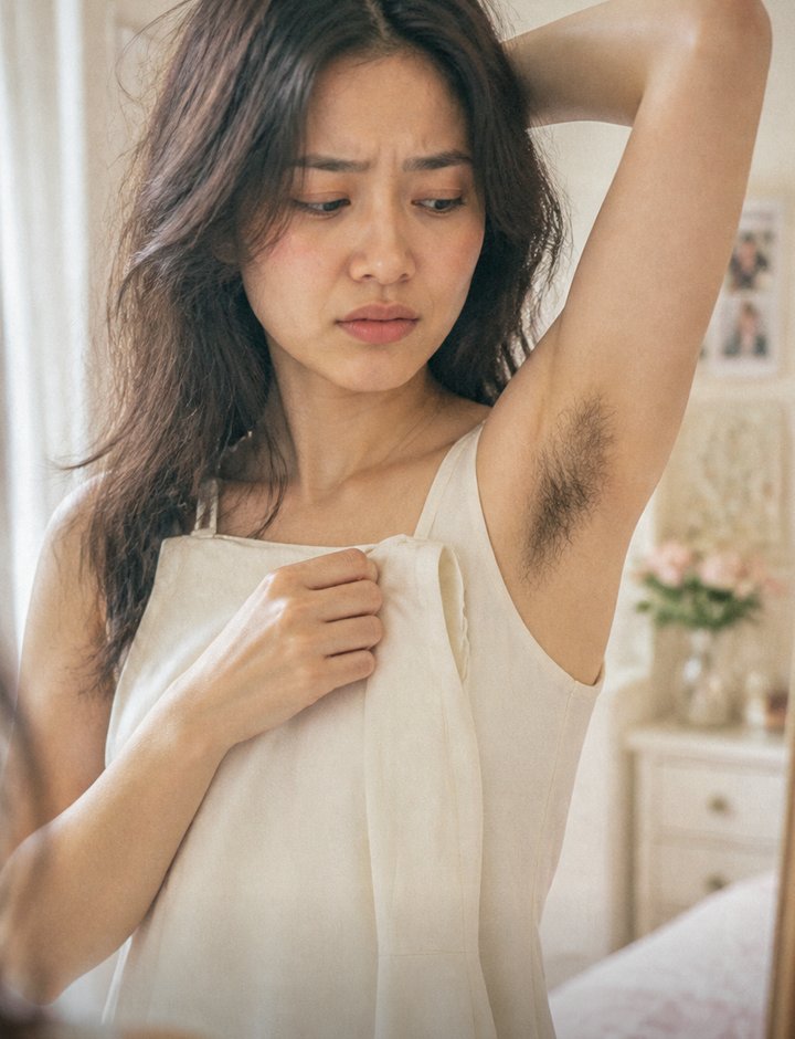 Before: woman frustrated by underarm hair