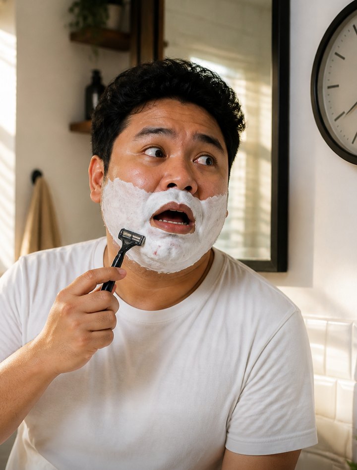 Before: man frustrated by shaving every morning